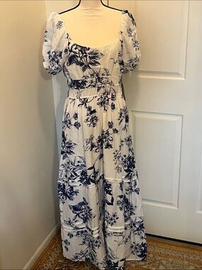 White Maxi Dress with Navy Floral Print and Puff Sleeves Size XL